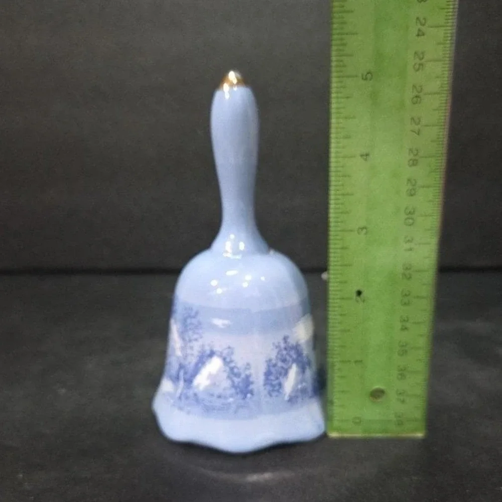 Currier & Ives The Old Homestead Dinner Bell, Vintage Winter Blue Ceramic Accent